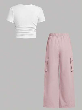 EZwear مجموعة تي شيرت كم قصير مطابق ضيق وبنطلون كارجو قطعتان