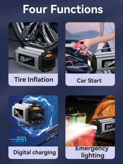 بطارية إقلاع محمولة 3000 أمبير مع ضاغط هواء - بطارية إقلاع 12 فولت، ضوء LED، إخراج شحن USB سريع، حماية متعددة للسلامة، وتتضمن كابلات القفز، مضخة هواء، ومحول السيارة