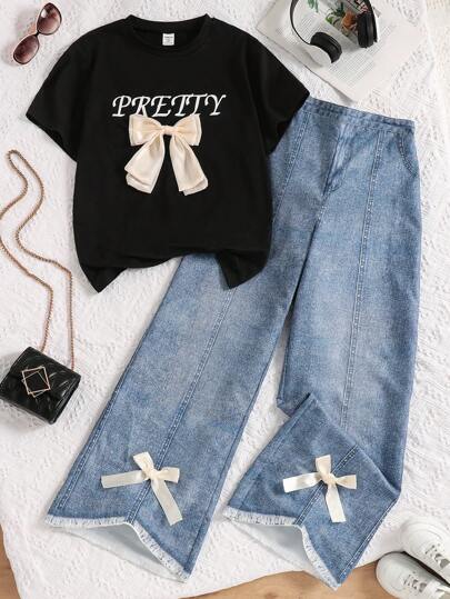 مجموعة من قطعتين للبنات المراهقات، تتكون من بلوزة تيشرت أسود أكمام قصيرة بفيونكة وبنطلون جينز ذو قصة ساق واسعة