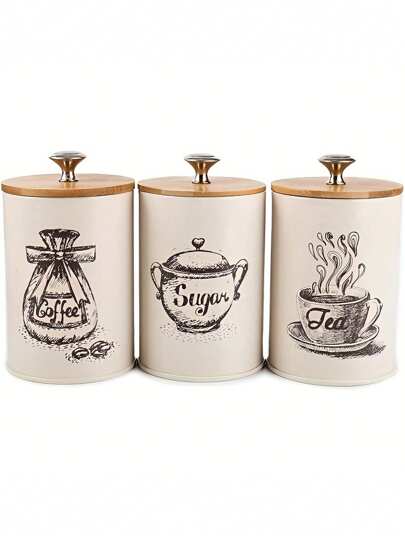 3 حاويات تخزين طعام محكمة الإغلاق ذات غطاء من البامبو لحفظ الشاي والقهوة والسكر، أوعية مطبخ حديثة بتصميم بسيط