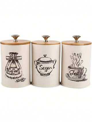 3 حاويات تخزين طعام محكمة الإغلاق ذات غطاء من البامبو لحفظ الشاي والقهوة والسكر، أوعية مطبخ حديثة بتصميم بسيط