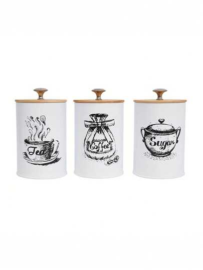 3 حاويات تخزين طعام محكمة الإغلاق ذات غطاء من البامبو لحفظ الشاي والقهوة والسكر، أوعية مطبخ حديثة بتصميم بسيط