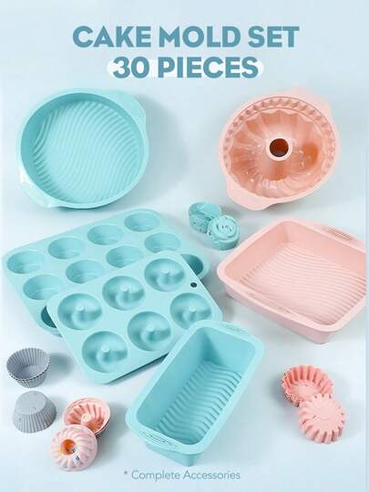 مجموعة أدوات الخبز المصنوعة من السيليكون، مكونة من 30 قطعة - لخبز الكعك والخبز والكعك المحمص والموس والكعك الدائري والكعك الصغير، مقاومة للحرارة والبرودة، ضرورية للخبز