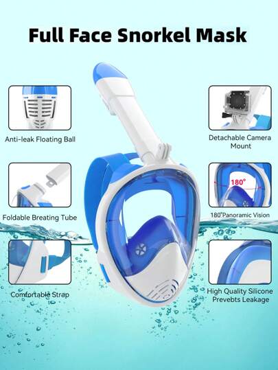 قناع الغوص والتنفس الكامل للوجه مع حامل للكاميرا، طقم تنفس مجاني بزاوية رؤية 180 درجة كاملة، مقاوم للضباب و التسرب، معدات غوص