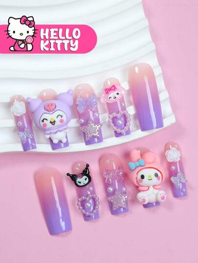 Sanrio 24 قطعة كيتي مانيكير آند ميلودي وكوروومي مزين بالفراشات ثلاثية الأبعاد والأقواس والقلوب اللؤلؤية والنجوم والوردات ،يحتوي على غراء جيلي وملف أظافر ،أظافر كيتي للنساء والفتيات لاستخدام اليومي والحفلات