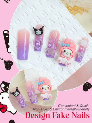 Sanrio 24 قطعة كيتي مانيكير آند ميلودي وكوروومي مزين بالفراشات ثلاثية الأبعاد والأقواس والقلوب اللؤلؤية والنجوم والوردات ،يحتوي على غراء جيلي وملف أظافر ،أظافر كيتي للنساء والفتيات لاستخدام اليومي والحفلات