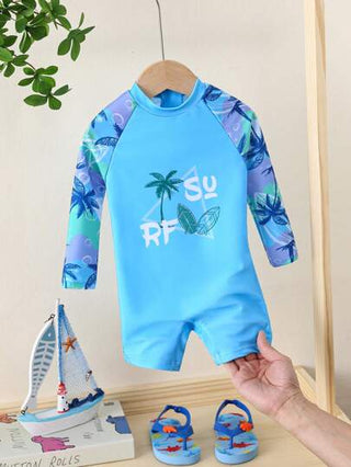 مايوه أولادي بدلة سباحة للأطفال الرُّضَّع مطبوعة بنقوش النباتات مع أكمام طويلة