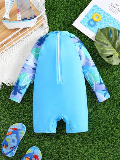 مايوه أولادي بدلة سباحة للأطفال الرُّضَّع مطبوعة بنقوش النباتات مع أكمام طويلة