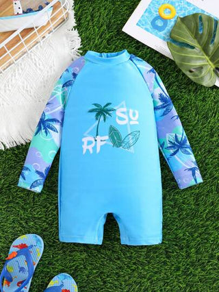 مايوه أولادي بدلة سباحة للأطفال الرُّضَّع مطبوعة بنقوش النباتات مع أكمام طويلة