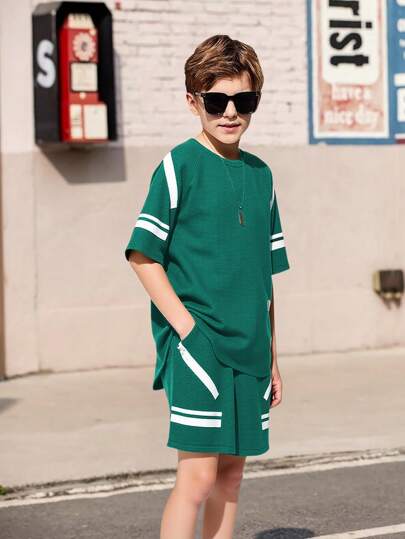 ملابس رياضية أطفال مجموعة تي شيرت وشورت صيفي رياضي بسيط للأطفال المراهقين الولاد، مطبوع، قطعتان/مجموعة