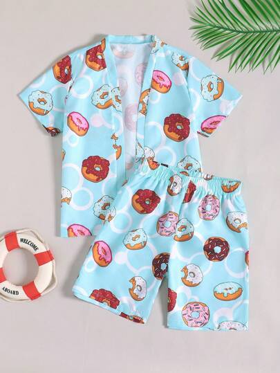 مايوه أولادي مجموعة ملابس سباحة تشمل ملابس علوية بأكمام قصيرة ذات طباعة دونات وشورت للفتى المراهق