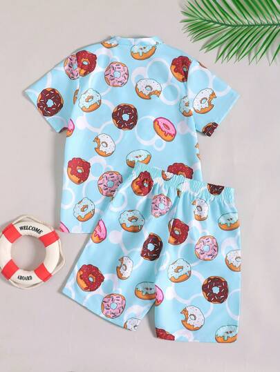 مايوه أولادي مجموعة ملابس سباحة تشمل ملابس علوية بأكمام قصيرة ذات طباعة دونات وشورت للفتى المراهق