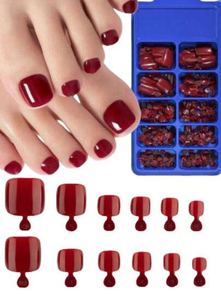 100 قطعة أظافر إصطناعية لأظافر القدم عاكسة قصيرة مربعة الشكل غطاء كامل، أحمر ، 12 مقاسات / علبة، أظافر إصطناعية أكريليك لتزيين أظافر القدم للنساء والفتيات