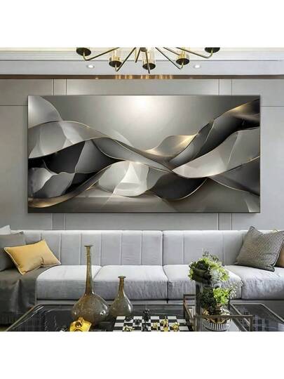 لوحة فنية معاصرة على قماش بتصميم خطوط ذهبية مع نسيج أسود/رمادي لديكور غرفة المعيشة أو النوم بدون إطار