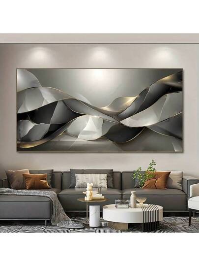 لوحة فنية معاصرة على قماش بتصميم خطوط ذهبية مع نسيج أسود/رمادي لديكور غرفة المعيشة أو النوم بدون إطار