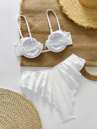 Swim SXY موديلات نسائية لإجازة الربيع من فوق بيكيني ذو لون أساسي مجعد بتصميم ظهر متسابق برفع وداعم للصدر مع قاع متدرج الكشكشة، طقم بيكيني لشاطئ الصيف بحمالات رفيعة