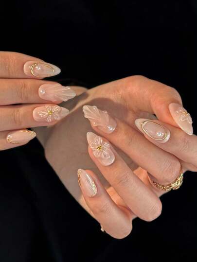 10 حبة إطارات أظافر لوحدها بشكل اللوز ، بأسلوب بسيط ورقيق ، زهور مجسمة ، خرز ذهبي وخرز لؤلؤ ، طلاء كروم ذهبي ، قابلة للإزالة وإعادة الاستخدام ، مناسبة للفتيات والسيدات في الاستخدام اليومي ،الأعياد ،الحفلات ديكور الأظافر ، مع غراء جيلي ومنشار أظافر