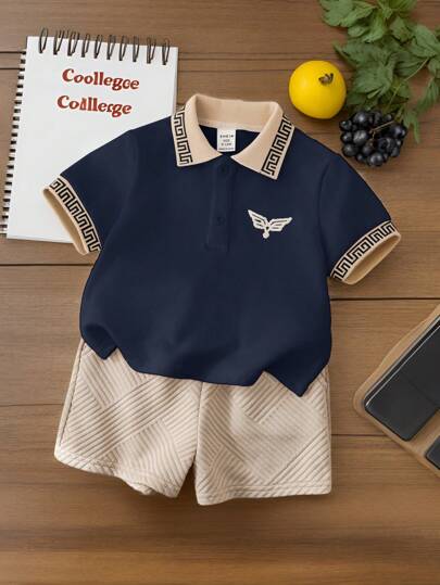 2 قطعة بدلة قصيرة للأطفال الرضع والأطفال الصغار من الجنسين, ملابس علوية كنزة محبوك ذو طوق بولو و صدر مقصوص, وشورت, إطلالة صيفية رياضية عفوية