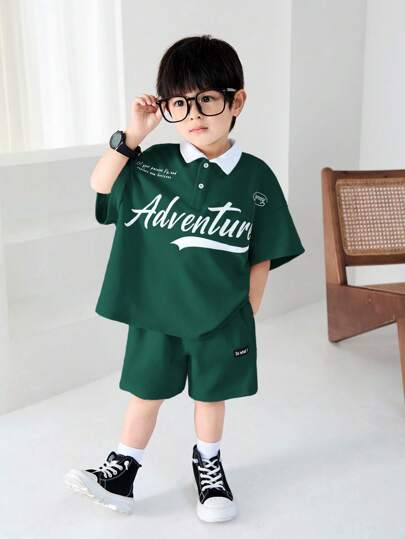 مجموعة ملابس علوية بولو مطبوع عليه حروف أنيق للأطفال الصبيان/البنات وسروال بخصر مطاطي ، للربيع والصيف ،2 قطعة