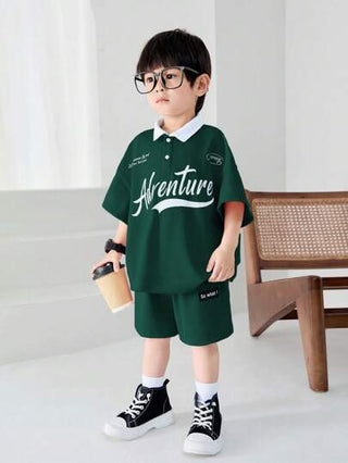 مجموعة ملابس علوية بولو مطبوع عليه حروف أنيق للأطفال الصبيان/البنات وسروال بخصر مطاطي ، للربيع والصيف ،2 قطعة