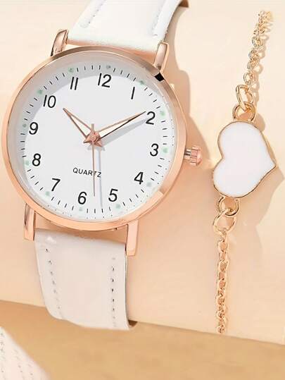 2 قطعة/1مجموعة ساعة رقمية بسيطة عصرية بسوار جلد وسوار على شكل قلب، رمز رومانسي مثالي، هدية مناسبة للمرأة