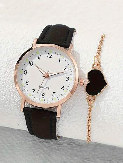2 قطعة/1مجموعة ساعة رقمية بسيطة عصرية بسوار جلد وسوار على شكل قلب، رمز رومانسي مثالي، هدية مناسبة للمرأة