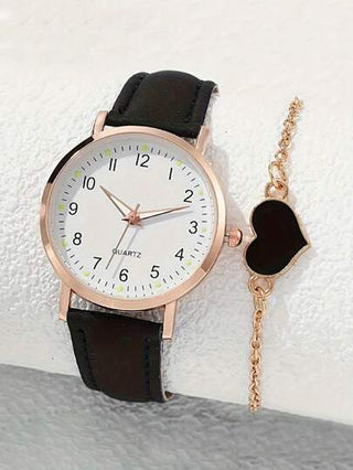 2 قطعة/1مجموعة ساعة رقمية بسيطة عصرية بسوار جلد وسوار على شكل قلب، رمز رومانسي مثالي، هدية مناسبة للمرأة