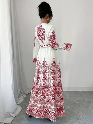 فساتين حريمي Elenzga فستان نسائي ذو كم طويل وخصر مربوط مطرز بالأزهار