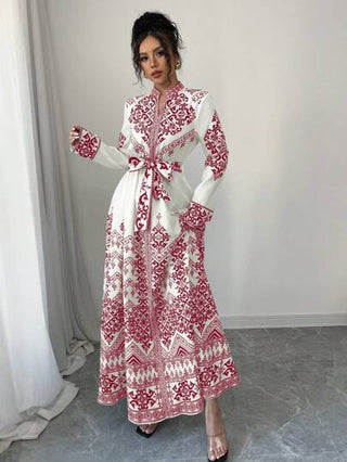 فساتين حريمي Elenzga فستان نسائي ذو كم طويل وخصر مربوط مطرز بالأزهار