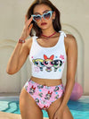 طقم تانكيني حريمي THE POWERPUFF GIRLS X طقم تانكيني للنساء باللونين الأبيض والوردي، لموسم الصيف والأجازات، بطباعة أزهار وفقاعات وأزهار أقحوان، مصمم لتحكم في البطن، بدلة السباحة ذات الخصر العالي المزينة بشريط و فيونكة ملائمة للشاطئ والإجازات
