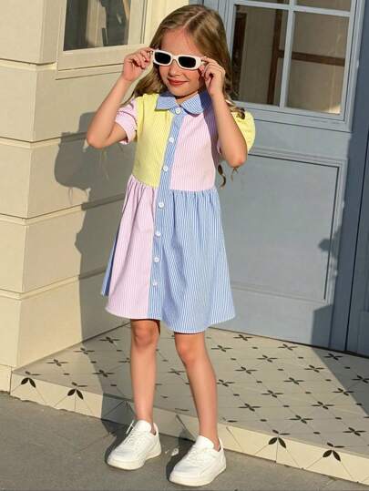 فستان كاجوال صيفي للبنات بياقة مخطط وتباين لون الخصر، ملابس رسمية للفتاة الصغيرة