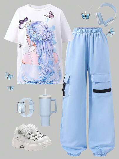 مجموعة بنطال كارجو وتي شيرت مطبوع ، أناقة المراهقات 2 قطعة/مجموعة