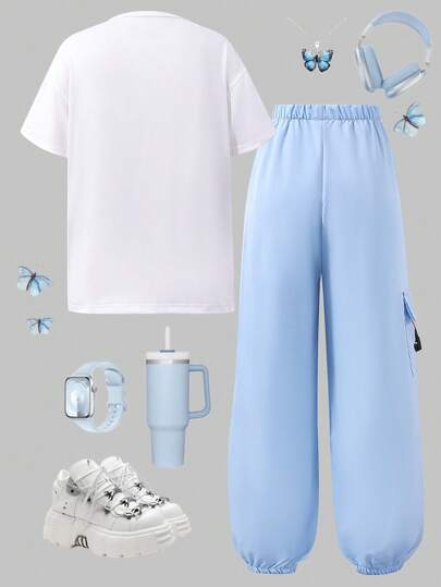 مجموعة بنطال كارجو وتي شيرت مطبوع ، أناقة المراهقات 2 قطعة/مجموعة