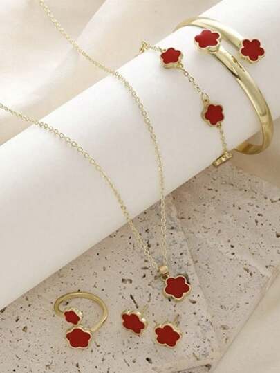 6 قطع/مجموعة: 1 قلادة، 1 سوار، 1 أقراط، 1 خاتم، 1 قلادة زهرة محظوظة مجموعة مجوهرات