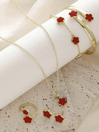 6 قطع/مجموعة: 1 قلادة، 1 سوار، 1 أقراط، 1 خاتم، 1 قلادة زهرة محظوظة مجموعة مجوهرات