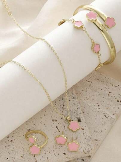 6 قطع/مجموعة: 1 قلادة، 1 سوار، 1 أقراط، 1 خاتم، 1 قلادة زهرة محظوظة مجموعة مجوهرات