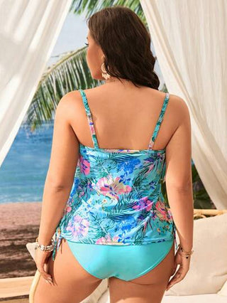 Swim Lushoire مجموعة من 2 قطعة ملابس سباحة من نوع تانكيني للنساء البدينات مع طباعة، قطعتان قابلة للتعديل في الخصر، ملابس كاجوال للمنتجعات