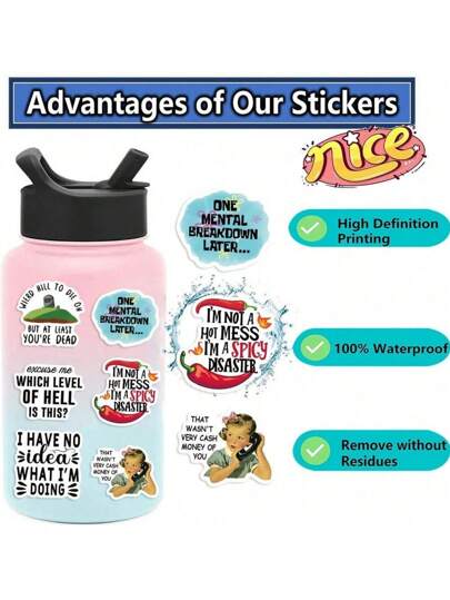 SHEIN 50 قطعة ملصقات لاذعة مضحكة للبالغين، ملصقات مواقف ساخرة ونكات لزجاجات المياه، عبوة ملصقات مقاومة للماء رائعة للكمبيوتر المحمول والسيارة والهاتف وخوذات العمل والجدران والنوافذ، 50 تصميم (طراز جميل)
