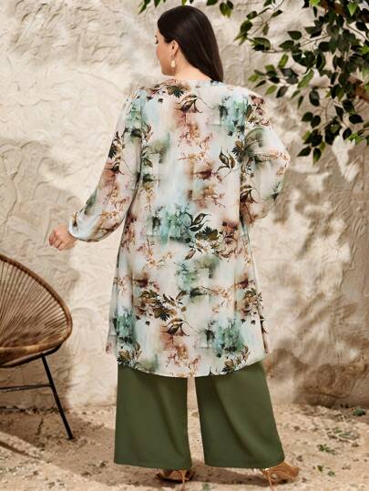 Lacomfia طقم ملابس نسائية بمقاسات كبيرة، طراز عربي محتشم، قميص بأكمام فوانيس وطباعة زهور أنيقة مع بنطلون
