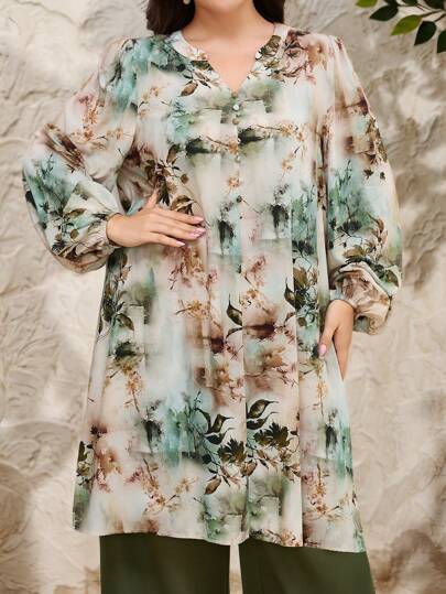 Lacomfia طقم ملابس نسائية بمقاسات كبيرة، طراز عربي محتشم، قميص بأكمام فوانيس وطباعة زهور أنيقة مع بنطلون