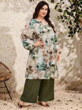 Lacomfia طقم ملابس نسائية بمقاسات كبيرة، طراز عربي محتشم، قميص بأكمام فوانيس وطباعة زهور أنيقة مع بنطلون