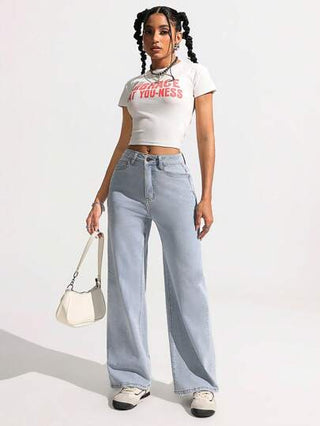 EZwear جينز نسائي فضفاض مستقيم الساق جيوب متعدد الاستخدامات كاجوال