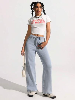 EZwear جينز نسائي فضفاض مستقيم الساق جيوب متعدد الاستخدامات كاجوال