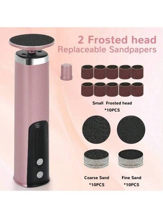 مبراة قدم كهربائية، مجموعة قابلة لإعادة الشحن عبر USB مع 10 رؤوس تجليخ، 10 ملصقات تجليخ خشنة، 10 ملصقات تجليخ ناعمة، مبراة أظافر محمولة لعناية اليدين في المنزل