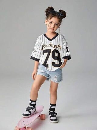 تيشيرتات بناتي Streecool Kids فتيات (مقاس صغير) تي شيرت كاجوال بأكمام قصيرة مطبوع عليه حرف ورقم، منقوشة بألوان سادة معرضة