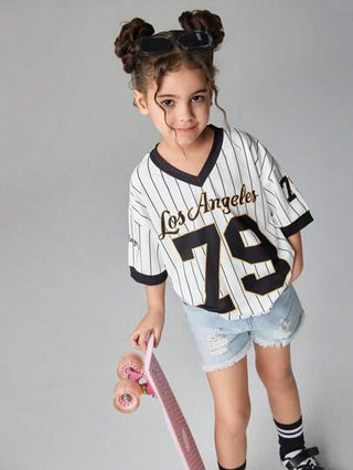 تيشيرتات بناتي Streecool Kids فتيات (مقاس صغير) تي شيرت كاجوال بأكمام قصيرة مطبوع عليه حرف ورقم، منقوشة بألوان سادة معرضة