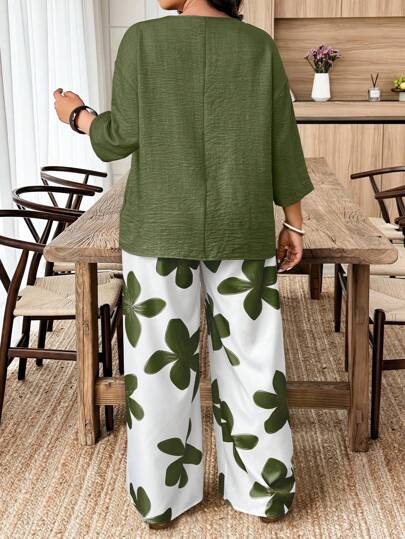 Weeklong مجموعة بلوزة كاجوال ذات أكمام طويلة وياقة V وسروال مطبوع بالزهور مقاسات كبيرة للنساء ، 2 قطعة