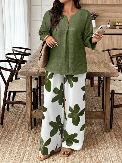 Weeklong مجموعة بلوزة كاجوال ذات أكمام طويلة وياقة V وسروال مطبوع بالزهور مقاسات كبيرة للنساء ، 2 قطعة