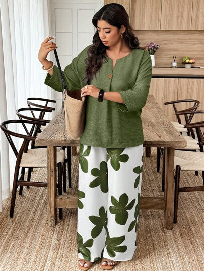 Weeklong مجموعة بلوزة كاجوال ذات أكمام طويلة وياقة V وسروال مطبوع بالزهور مقاسات كبيرة للنساء ، 2 قطعة