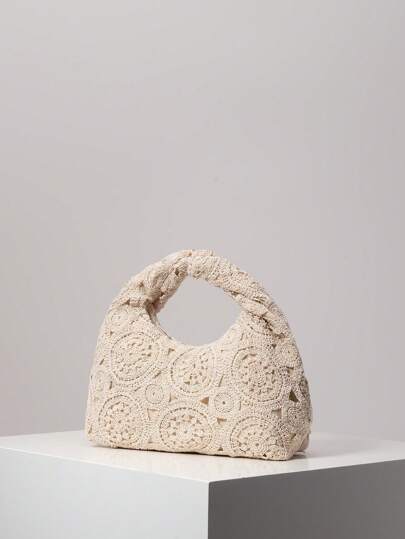 حقيبة يد نسيجية مزخرفة مفرغة للنساء، حقائب شاطئية بوهو ، حقيبة يد منقوشة عالية الجودة، محفظة قش عطلة نهاية الأسبوع ، ضروريات العطلات (النمط عشوائي)